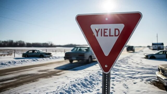Winter rural road traffic with yield sign and vehicles cautiously navigating snow covered
