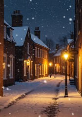 Winter City Street Scene with Falling Snow
