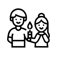 Happy Diwali Family Celebration Line Art Icon of Children Lighting a Candle