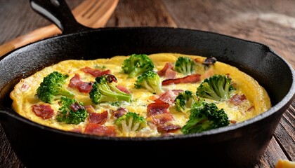 broccoli bacon and cheese frittata in a cast iron pan healthy breakfast idea