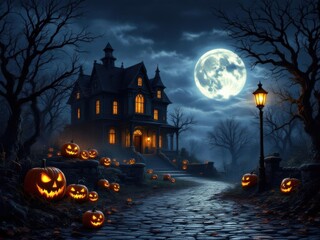Halloween background with pumpkins and haunted house - 3D render. Halloween background with Evil Pumpkin. Spooky scary dark Night forrest. Holiday event halloween banner background concept