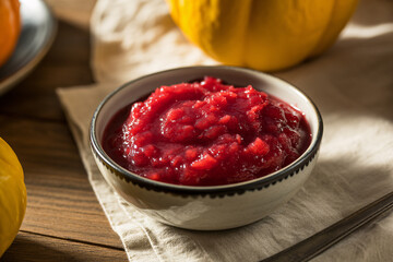 Close up of small bowl with finely pureed cranberry sauce on simple Thanksgiving table. Symbol of traditional holiday meal and seasonal celebration