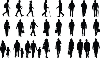 Silhouettes of people walking in urban setting, including children, seniors, families, casual attire, city lifestyle scene, vector street illustration