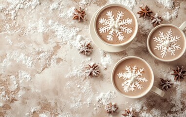 Cozy winter scene of hot chocolate decorated with marshmallows and star anise sprinkled with sugar on a stone surface. The perfect treat for Christmas