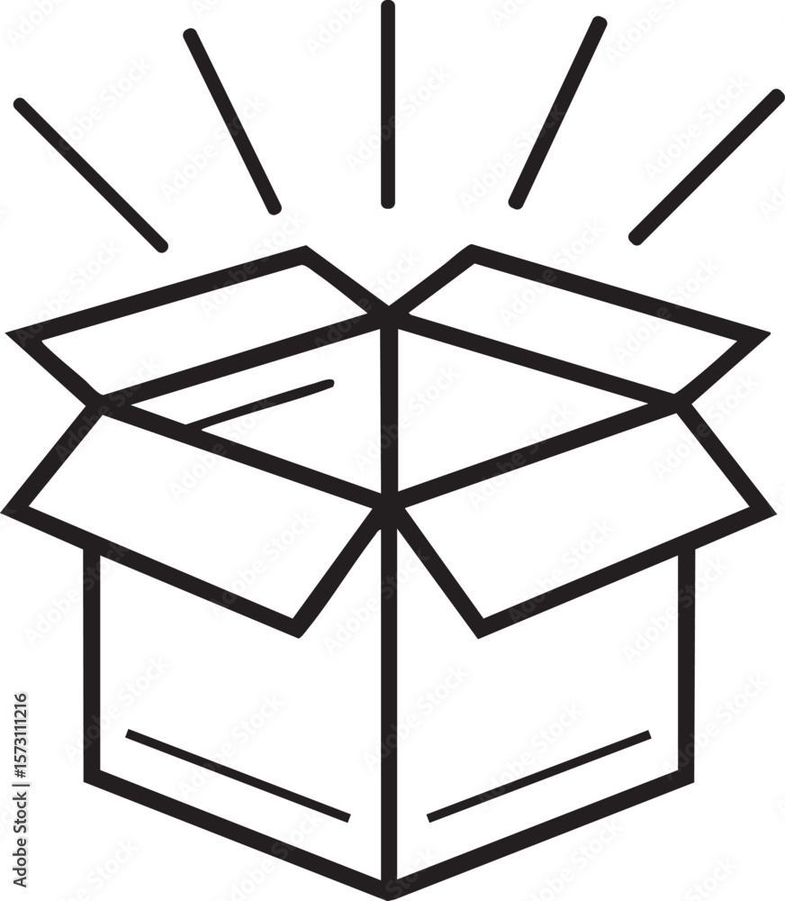 Poster open cardboard box with radiating lines symbolizing surprise or delivery isolated on transparent bac
