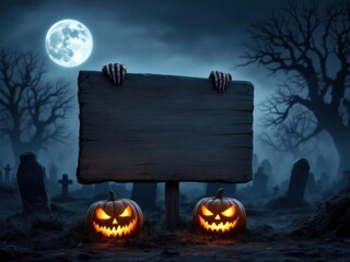 Halloween Card Party - Pumpkins And Zombies In Graveyard With Wooden Board