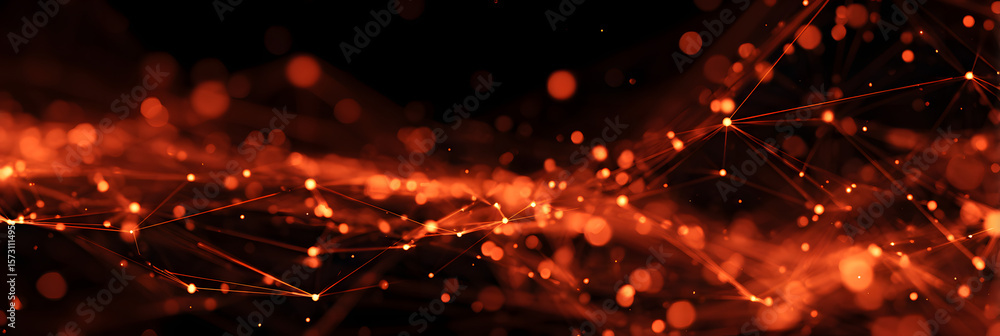 Poster abstract digital data visualization. glowing orange and red lines on dark background. network of con
