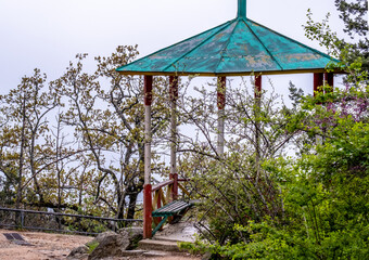 Gazebo with benches among greenery in close-up.