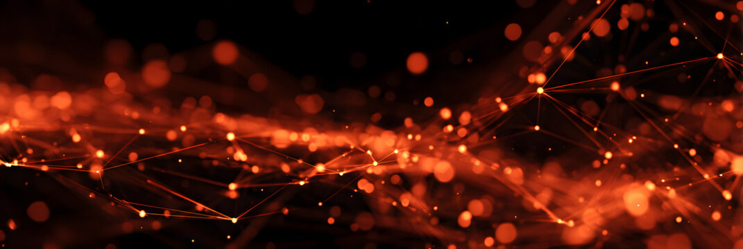 Abstract digital data visualization. Glowing orange and red lines on dark background. Network of connections, tech concept. Illustration represents modern technology, innovation, cyberspace, future.