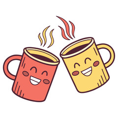 Two cheerful coffee mugs clinking together friendship day celebration