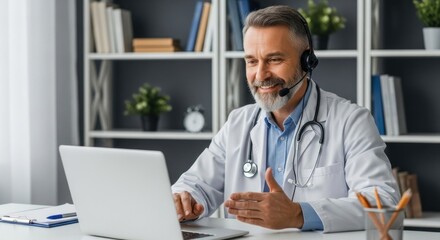 A doctor wearing a white coat and headset, sitting at a desk with a laptop, engaged in a video call.