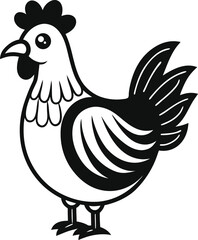 Cute Cartoon Hen Black and White Illustration