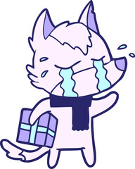 cartoon crying wolf with christmas present in bright neon color