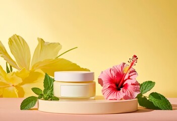 a jar of hand cream , hibiscus flowers and mint leaves on a yellow background