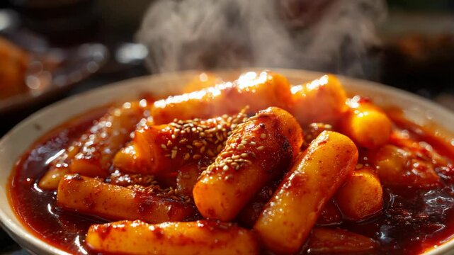 close up hot tteokbokki with steam 