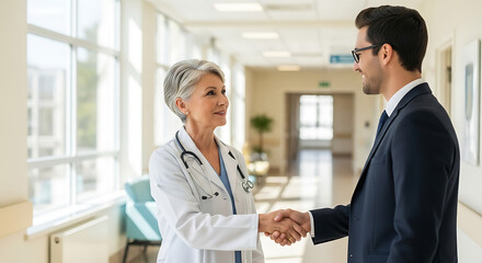 Mature woman doctor shaking hands with pharmaceutical representative at hospital