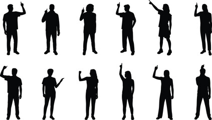  Diverse Silhouettes of People Pointing Upwards, Indicating Direction, Attention, or Inspiration, Ideal for Informational Graphics, Announcements, and Educational Designs, Isolated on White Background