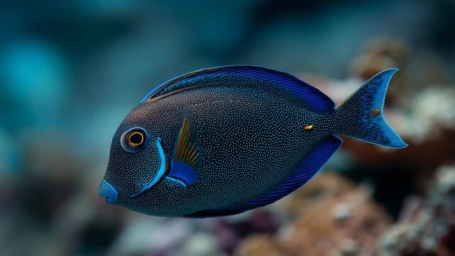 close up beautiful colorful tropical coastal fish swimming under blue ocean 