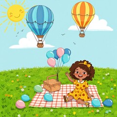 Picnic with Balloons and African American Girl