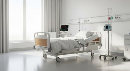 A modern hospital room with a bed, IV stand, and medical equipment.