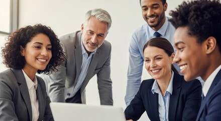 A diverse group of business professionals working together in a modern office setting.