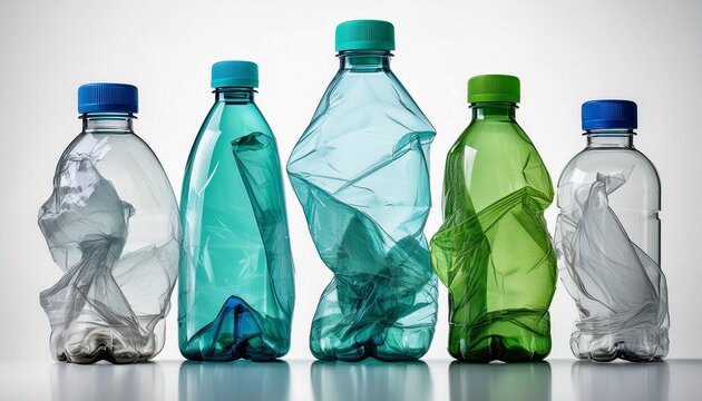 five clear plastic bottles with blue and green caps some are crumpled while others are intact all standing upright