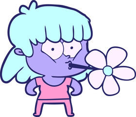 Obraz premium cartoon girl with flower in mouth in bright neon color