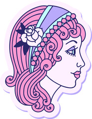 sticker of tattoo in traditional style of a gypsy head in bright neon color