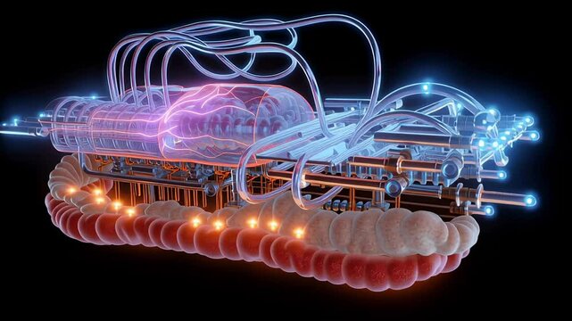 Intricate 3D render of futuristic glowing mechanical device with tubes and complex parts featuring