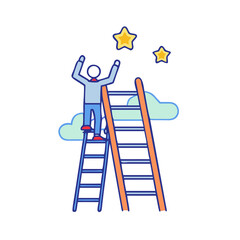 Person climbing ladder to reach stars and clouds symbolizing success and aspirations