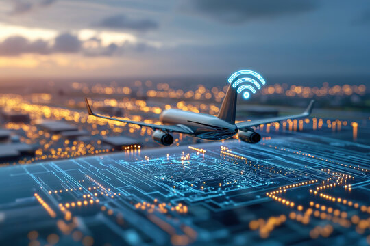 Modern airplane flying over cityscape illuminated by lights, with digital overlay representing technology and connectivity. scene conveys innovation in aviation and logistics