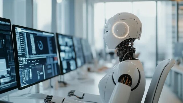 A humanoid robot interacts with multiple computer monitors while an employee works in a contemporary office setting during daylight