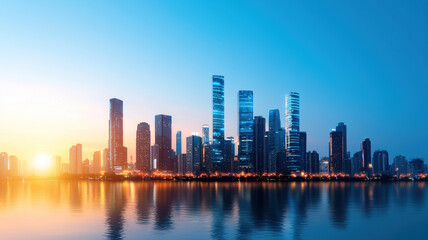 Fototapeta premium Stunning skyline at sunset, showcasing modern skyscrapers reflecting on calm waters. vibrant colors of sky create serene atmosphere, perfect for urban exploration