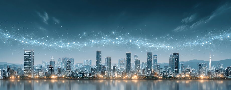 A city skyline at night with a digital chain stretched across buildings, symbolizing connected infrastructure and secure smart cities