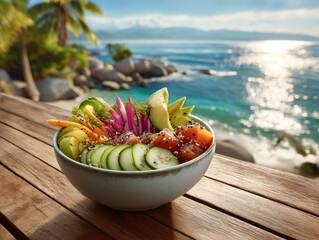 Vibrant tropical poke bowl, colorful seaside meal, sunny ocean view, serene beach dining.