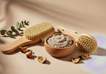 Natural Exfoliating Body Scrub in Wooden Bowl with Dry Brush and Dried Botanicals on Neutral Background in Spa-Inspired Still Life
