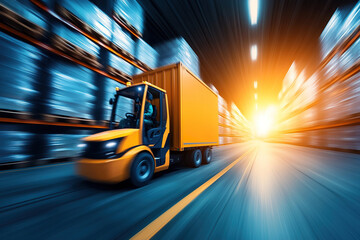 Vibrant yellow truck speeds through futuristic logistics center, surrounded by towering shelves filled with goods. motion blur conveys sense of urgency and efficiency in processing of data streams