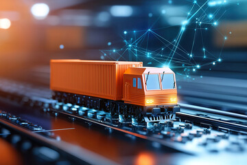 Vibrant orange cargo train model on railway tracks symbolizes modern logistics and transportation. background features digital network, representing global supply chains and data integration
