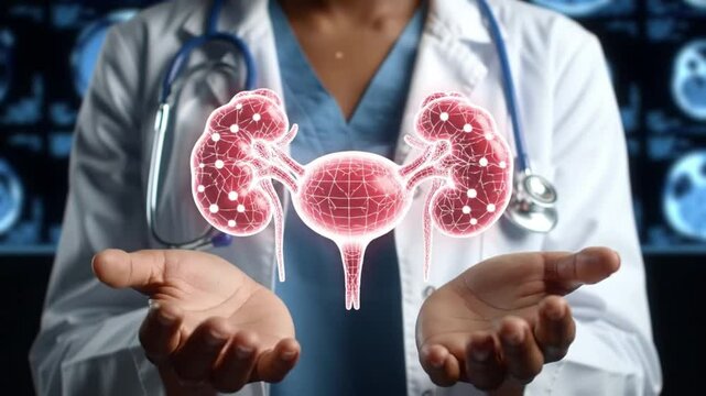 Doctor Holding 3D Urinary System Animation Kidneys, Bladder Ureters Illustration For Medical Healthcare Concepts