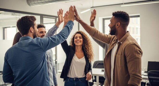 A group of five people high-fiving in an office setting.