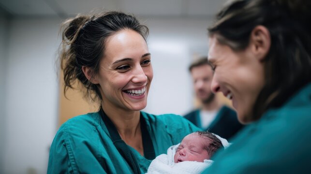 Midwife hands newborn baby to happy parent - Powered by Adobe