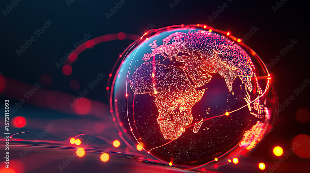 Poster vibrant globe visualization showcases interconnected global industries, illuminated with red lights,