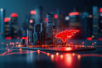 Futuristic cityscape illuminated with glowing red outlines, representing digital map overlay. scene conveys sense of advanced technology and connectivity, showcasing skyscrapers and vibrant urban