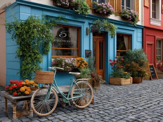 Charming french patisserie, colorful floral exterior, quaint cobblestone street, vintage bicycle.