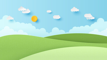 Landscape scenery with mountain and white cloud in summer blue sky background. Nature landscape. Paper cut and craft style illustration