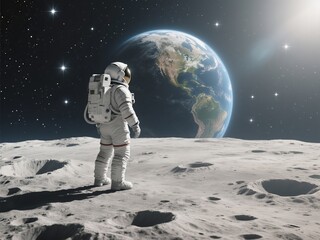 Obraz premium Astronaut on Moon Gazing at Earth, Stars, Space Exploration Concept
