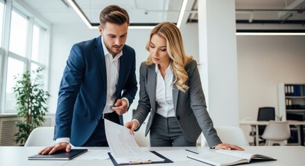 Two business professionals discussing a document in an office setting.