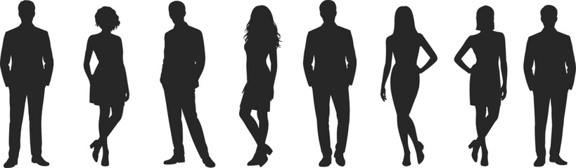  Diverse Adult People Silhouettes, Featuring Men and Women Standing Confidently in Various Poses, Ideal for Professional, Casual, and Lifestyle Design Projects on White Background.
