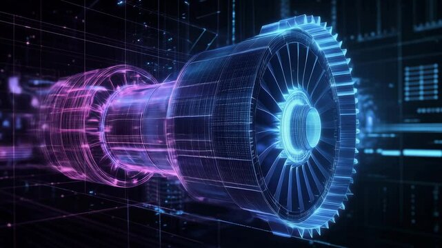 An animated visualization of a turbine engine highlighting its engineering intricacies and design elements in a digital framework
