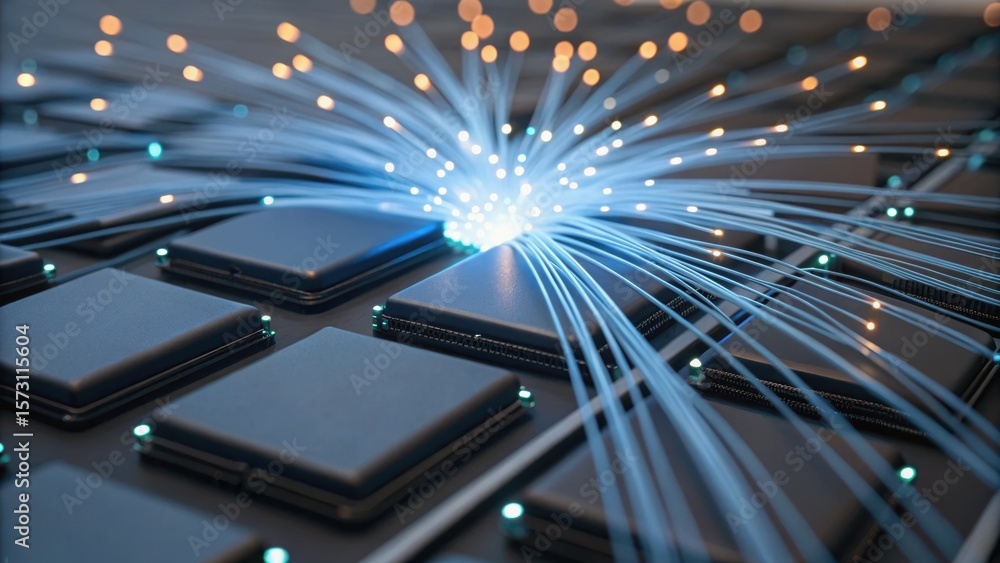 Poster abstract image showcasing blue light sparks emanating from a surface with dark rectangular elements,